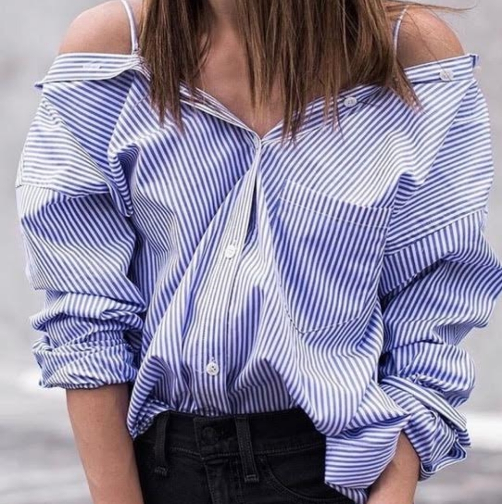 Theory Tamalee Off-Shoulder striped shirt
